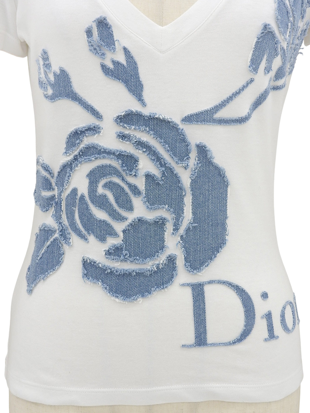 デニムローズロゴパッチワーク半袖Tシャツ ホワイト/ブルー