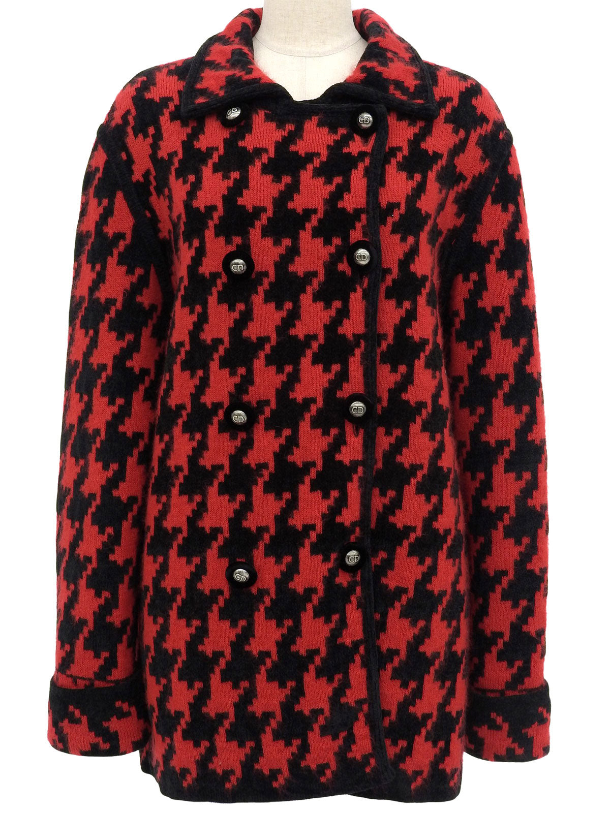 ハウンドトゥースパターンロゴボタンコート レッド/ブラック