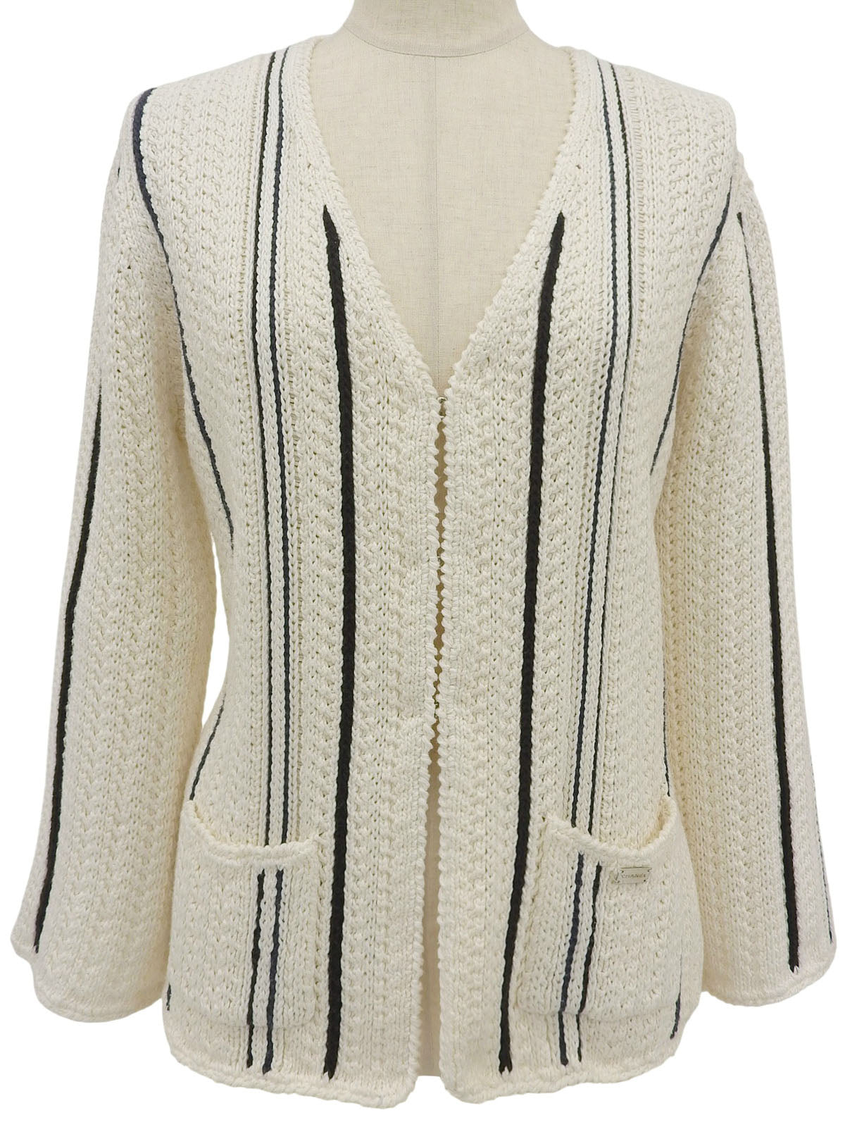 2006 Stripe Pattern Logo Plate Cardigan in White/Navy