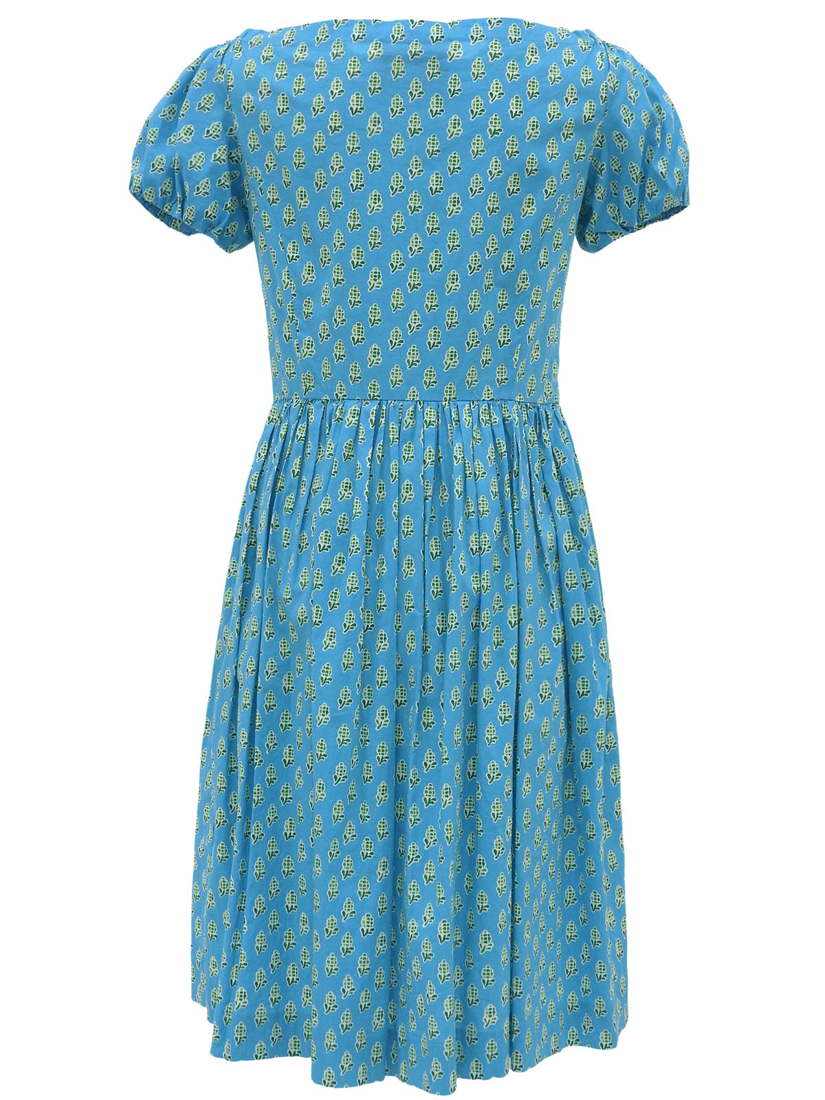 デザインパターンギャザー半袖ワンピース ライトブルー