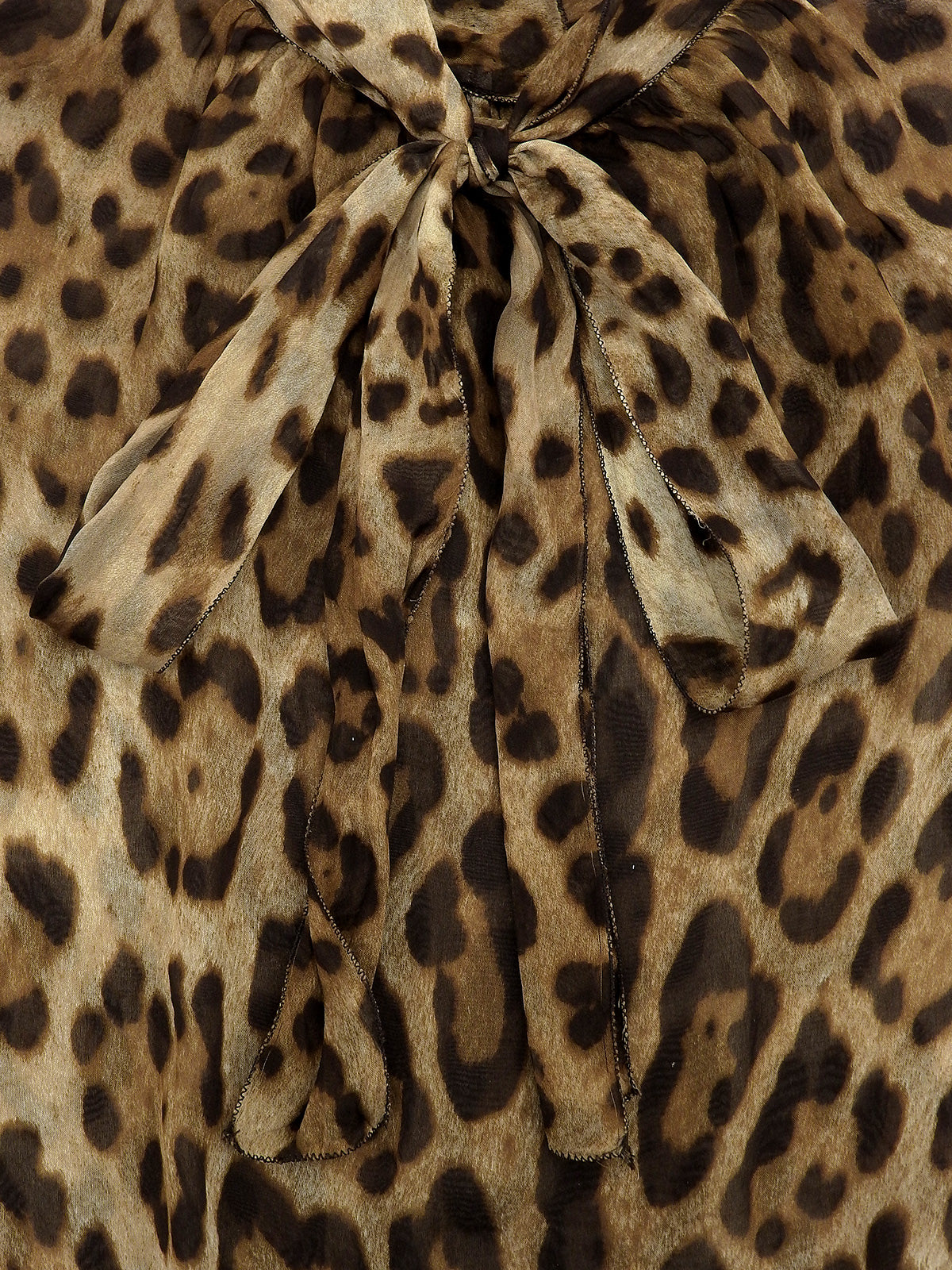 シルクレオパードパターンリボンタイブラウス ブラウン