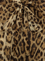 シルクレオパードパターンリボンタイブラウス ブラウン