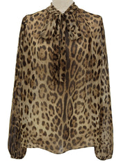 シルクレオパードパターンリボンタイブラウス ブラウン