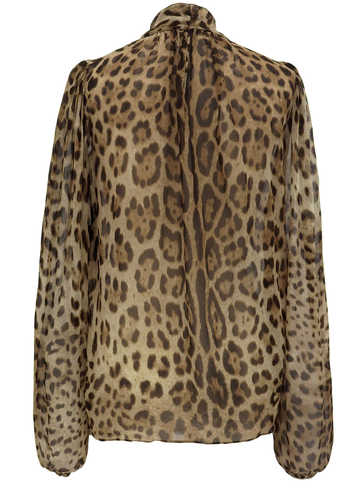 シルクレオパードパターンリボンタイブラウス ブラウン