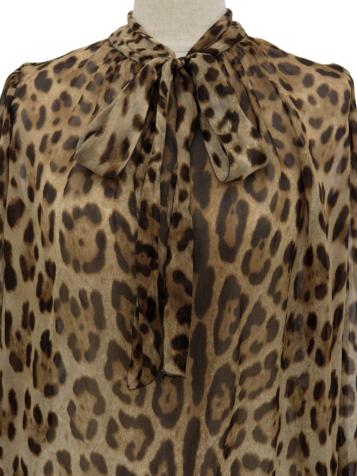 シルクレオパードパターンリボンタイブラウス ブラウン