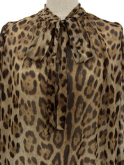 シルクレオパードパターンリボンタイブラウス ブラウン