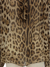 シルクレオパードパターンリボンタイブラウス ブラウン