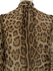シルクレオパードパターンリボンタイブラウス ブラウン