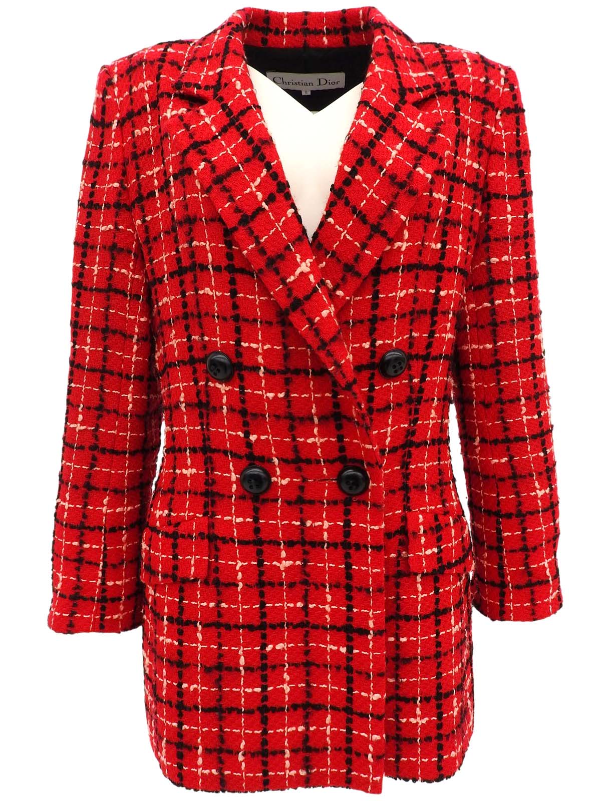 Tweed check pattern double-breasted jacket in red/black/salmon pink