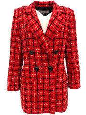 Tweed check pattern double-breasted jacket in red/black/salmon pink