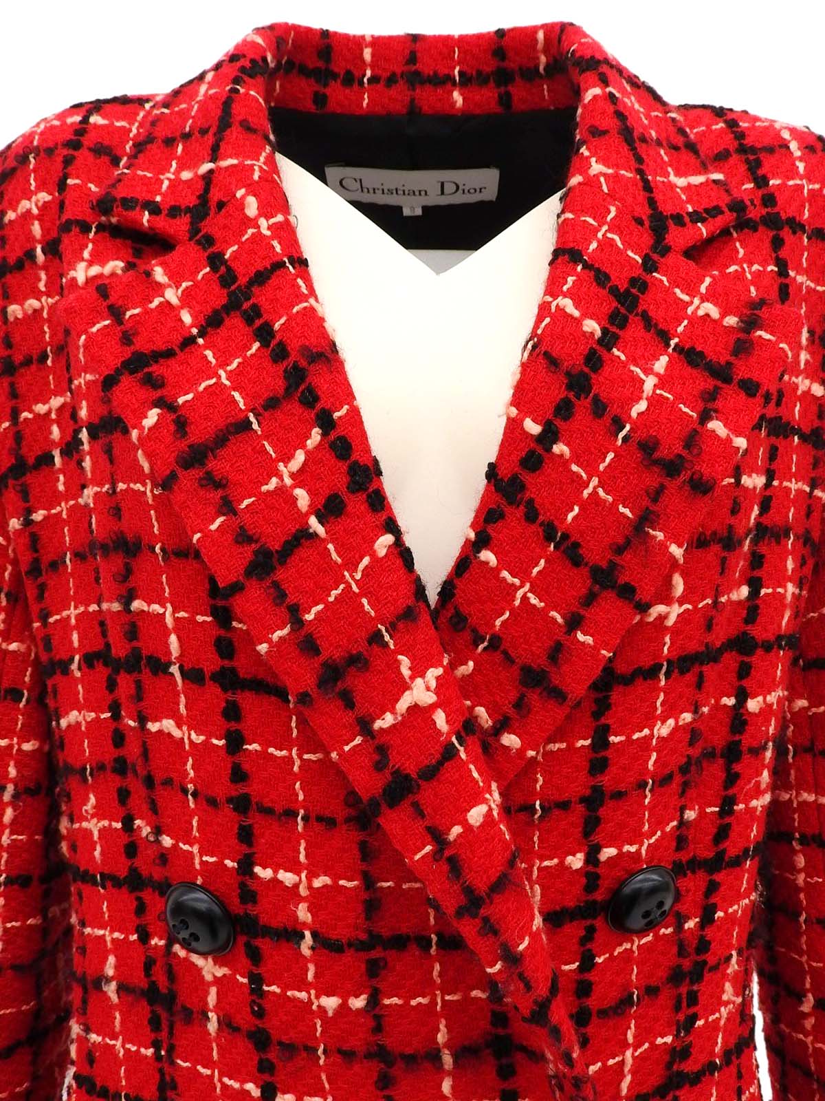 Tweed check pattern double-breasted jacket in red/black/salmon pink