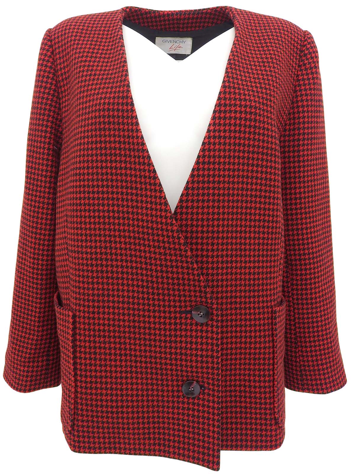 ハウンドトゥースパターンノーカラージャケット レッド/ブラック