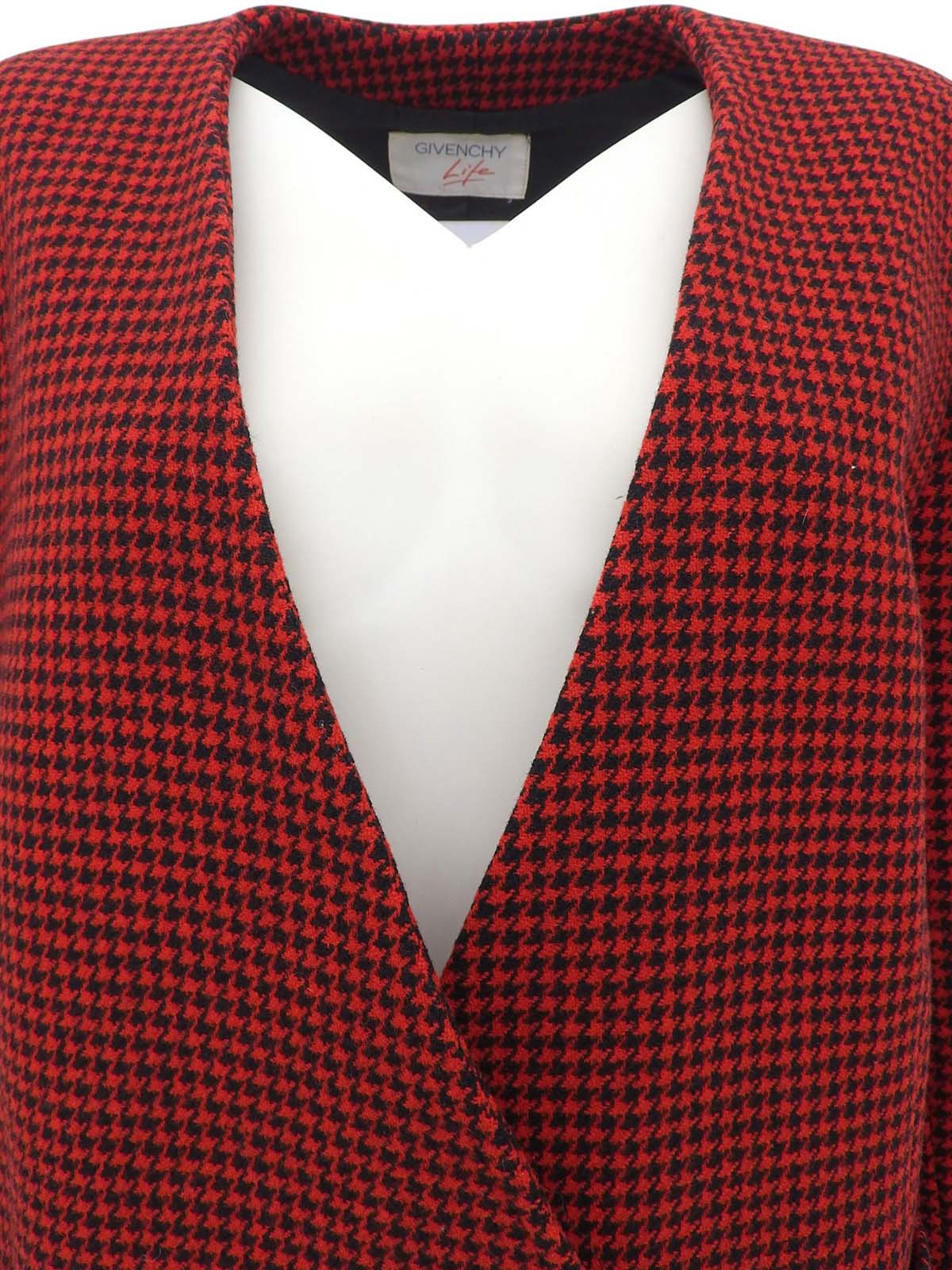 ハウンドトゥースパターンノーカラージャケット レッド/ブラック