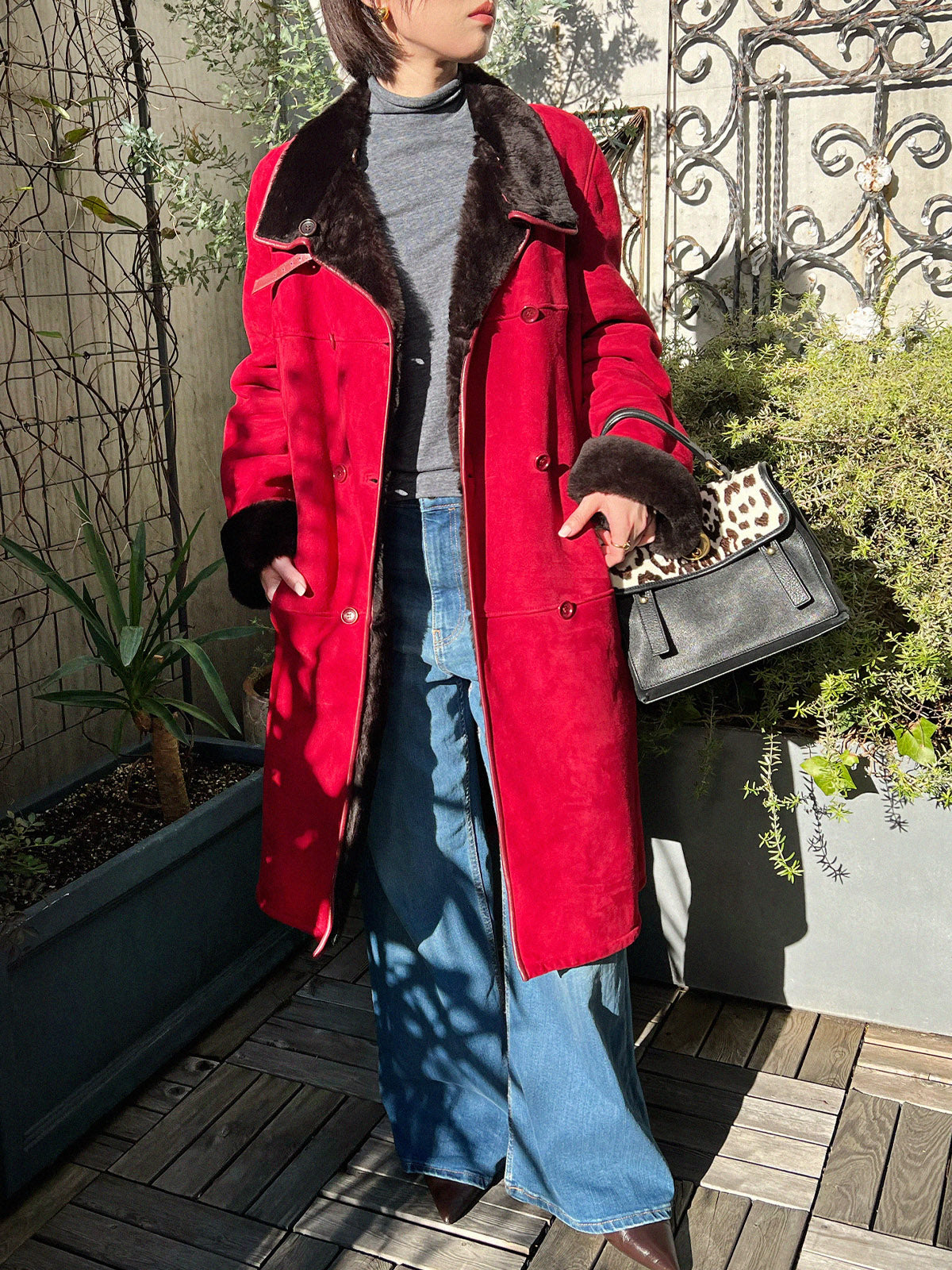 ムートンスタンドカラーコート レッド