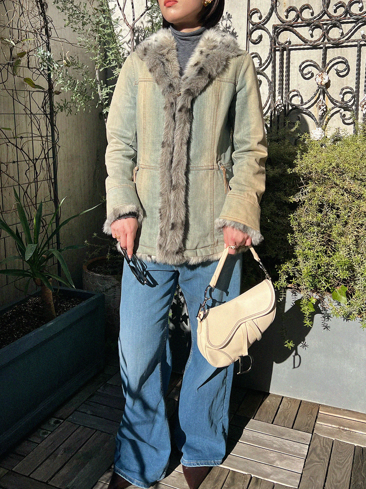 ファーデニムジャケット ライトブルー/ベージュ