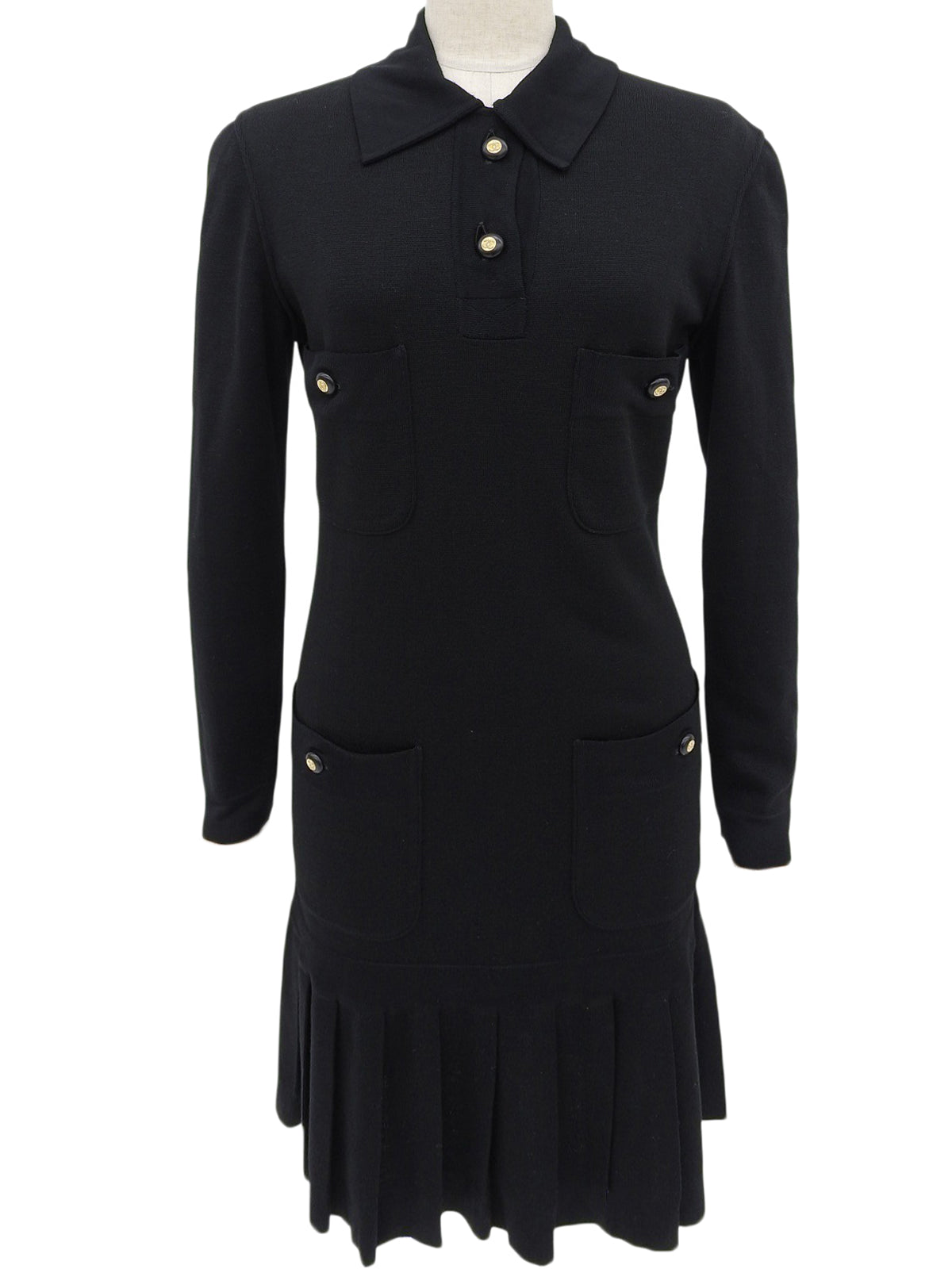 CCマークボタン長袖プリーツワンピース ブラック