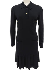 CCマークボタン長袖プリーツワンピース ブラック