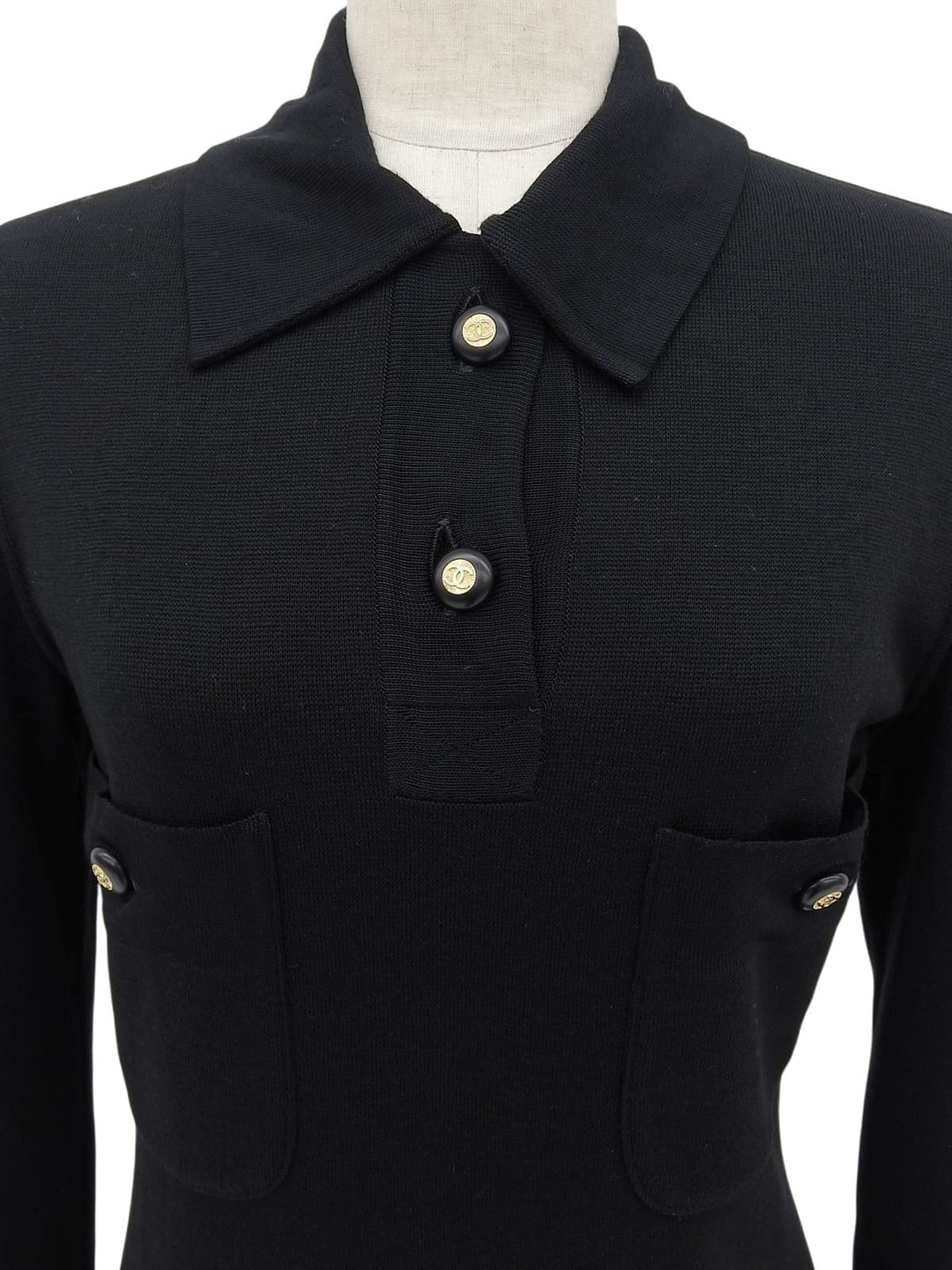 CCマークボタン長袖プリーツワンピース ブラック