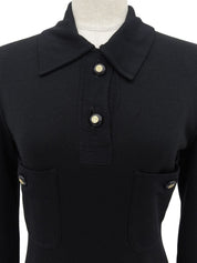 CCマークボタン長袖プリーツワンピース ブラック