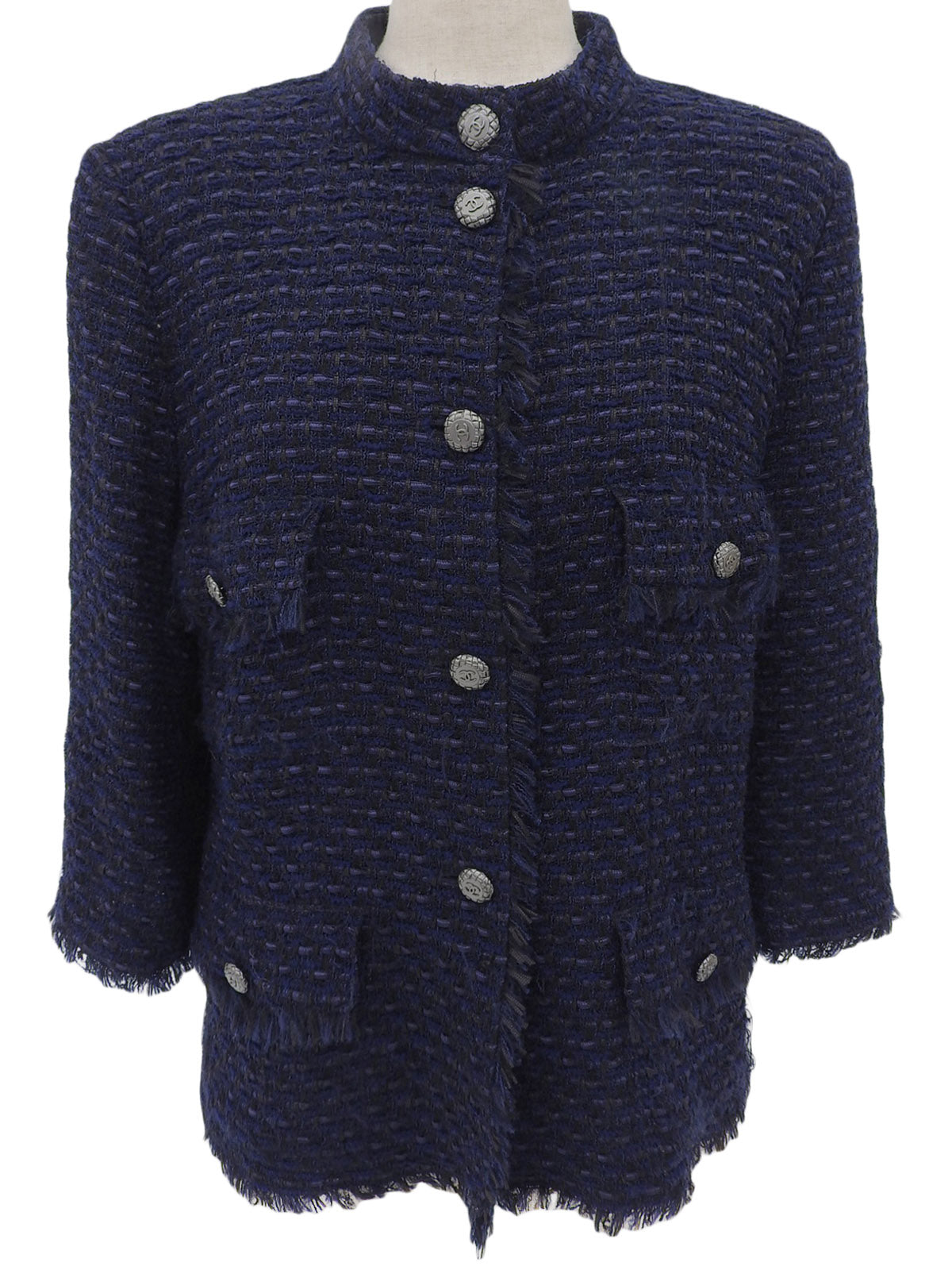 2006年製 ツイードCCマークボタンスタンドカラー七分袖ジャケット ネイビー/ブラック