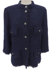 2006年製 ツイードCCマークボタンスタンドカラー七分袖ジャケット ネイビー/ブラック