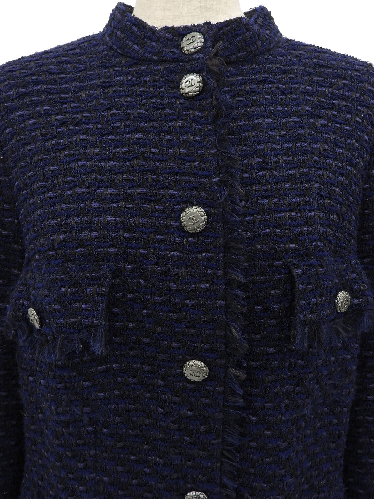 2006年製 ツイードCCマークボタンスタンドカラー七分袖ジャケット ネイビー/ブラック