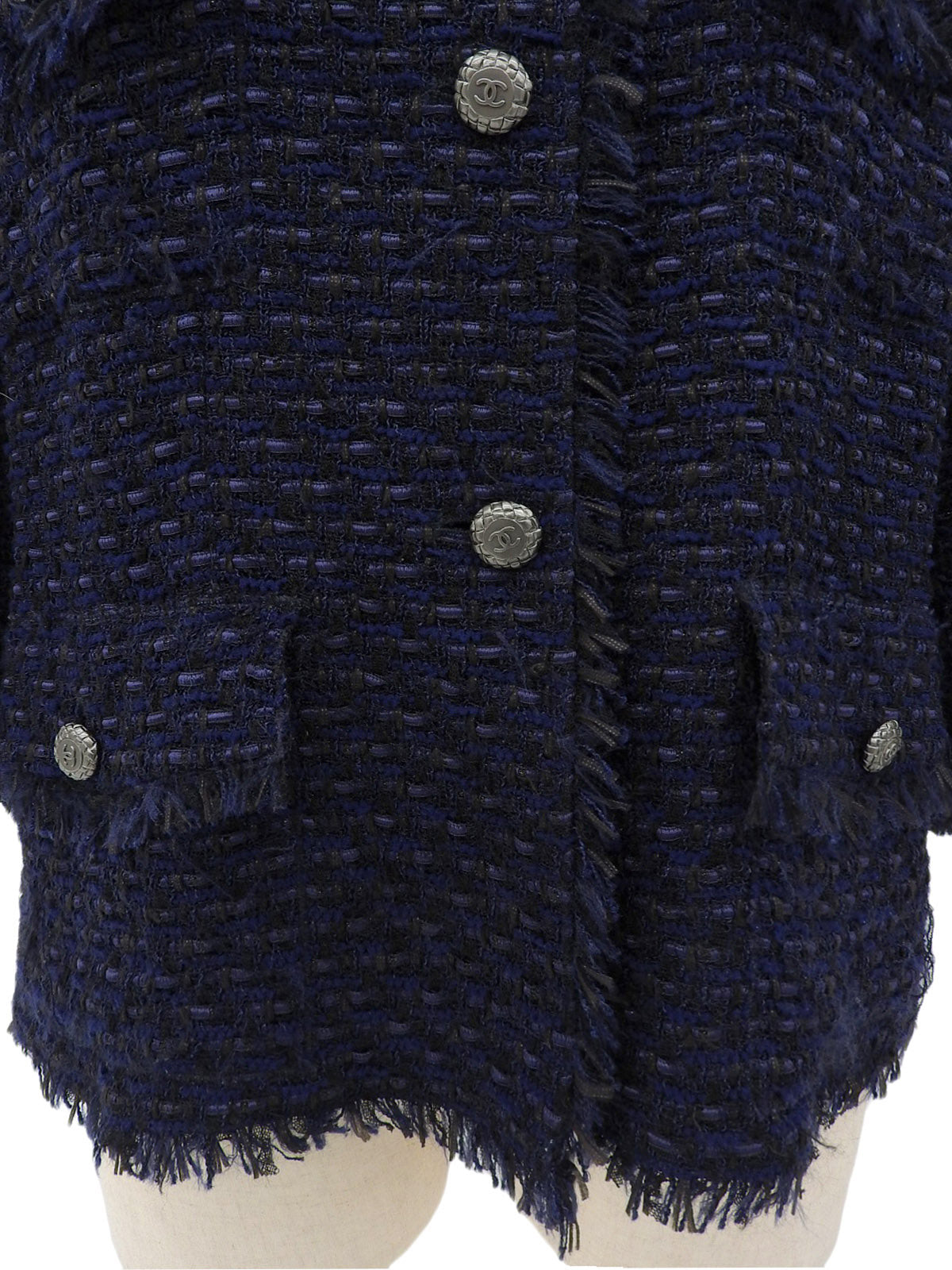 2006年製 ツイードCCマークボタンスタンドカラー七分袖ジャケット ネイビー/ブラック