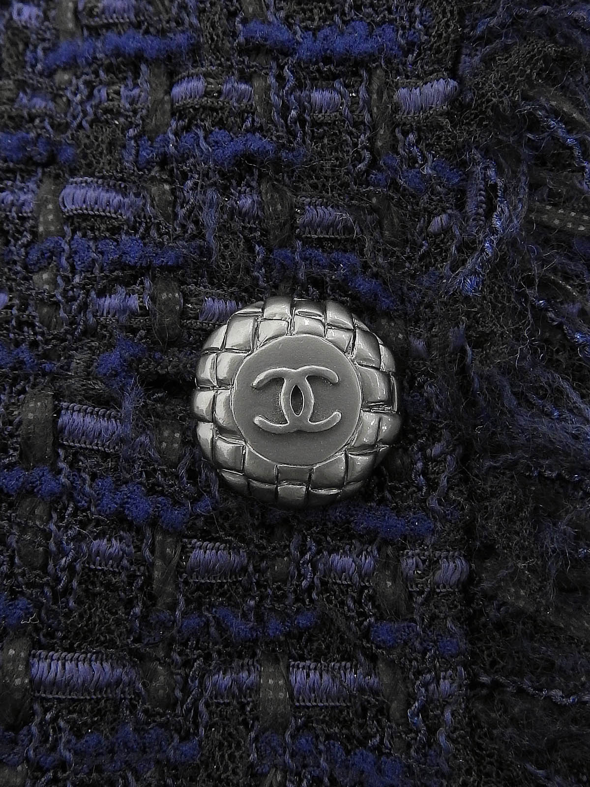 2006年製 ツイードCCマークボタンスタンドカラー七分袖ジャケット ネイビー/ブラック