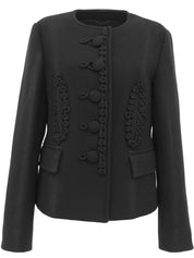 Embroidered collarless coat in black