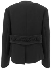 Embroidered collarless coat in black