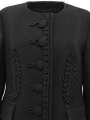 Embroidered collarless coat in black