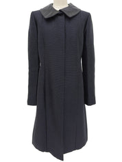 メタリックレザーカラーロングコート ネイビー/ブラック