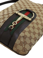 Canvas GG Pattern Sherry Line Horsebit Plate Shoulder Bag, Beige