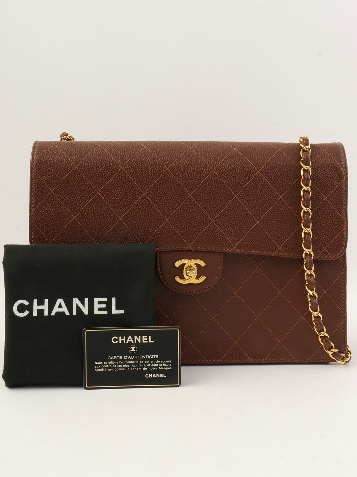 1998年鱼子酱皮CC旋扣链条单肩包，棕色