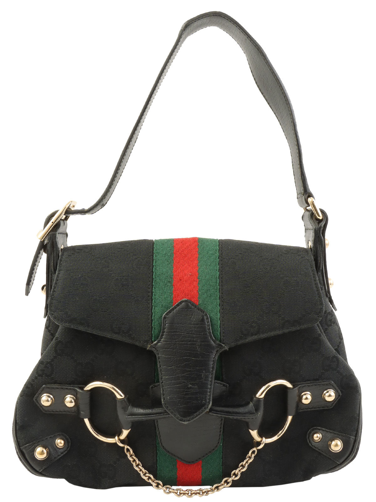 Canvas GG Pattern Sherry Line Horsebit Plate Shoulder Bag in Black