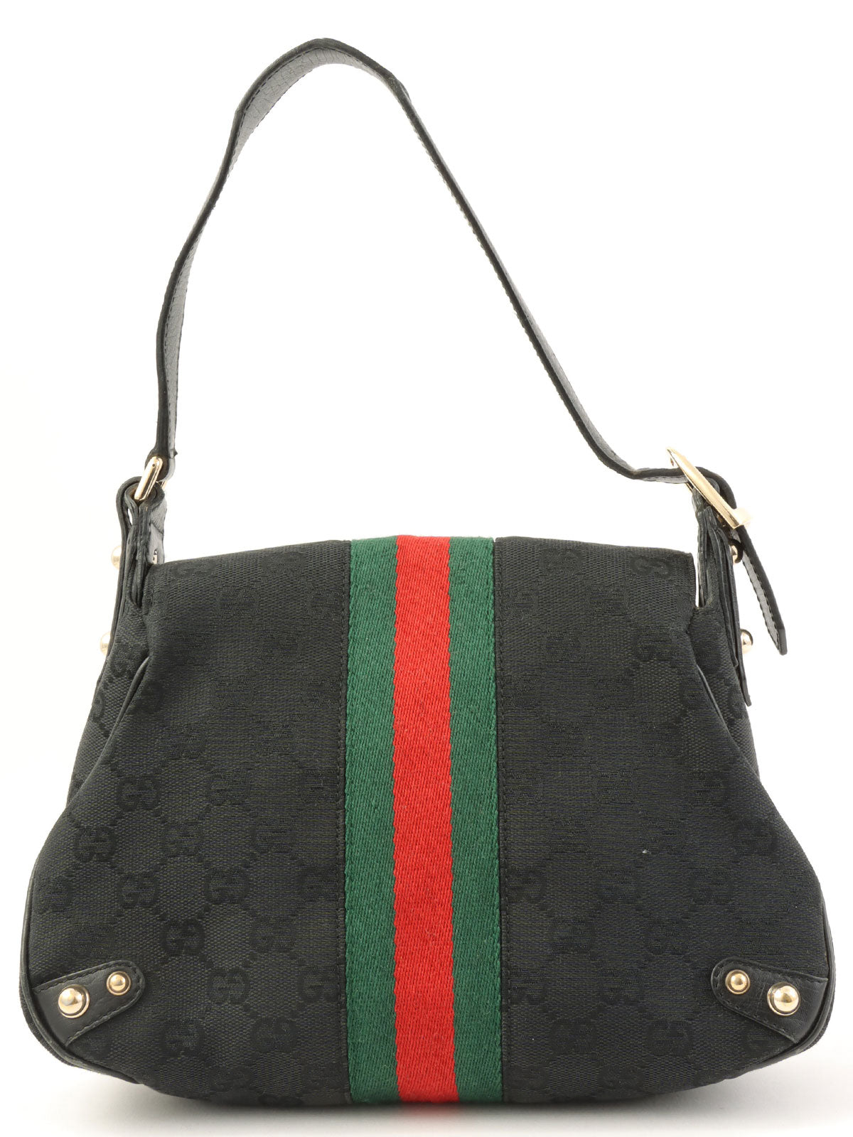 Canvas GG Pattern Sherry Line Horsebit Plate Shoulder Bag in Black