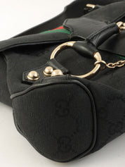 Canvas GG Pattern Sherry Line Horsebit Plate Shoulder Bag in Black