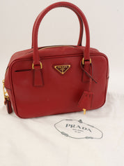 Saffiano Logo Plate Handbag in Red