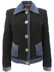 海军蓝牛仔斜纹软呢拼接logo纽扣夹克