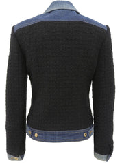 海军蓝牛仔斜纹软呢拼接logo纽扣夹克