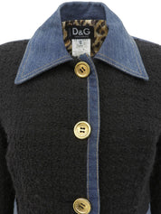 海军蓝牛仔斜纹软呢拼接logo纽扣夹克