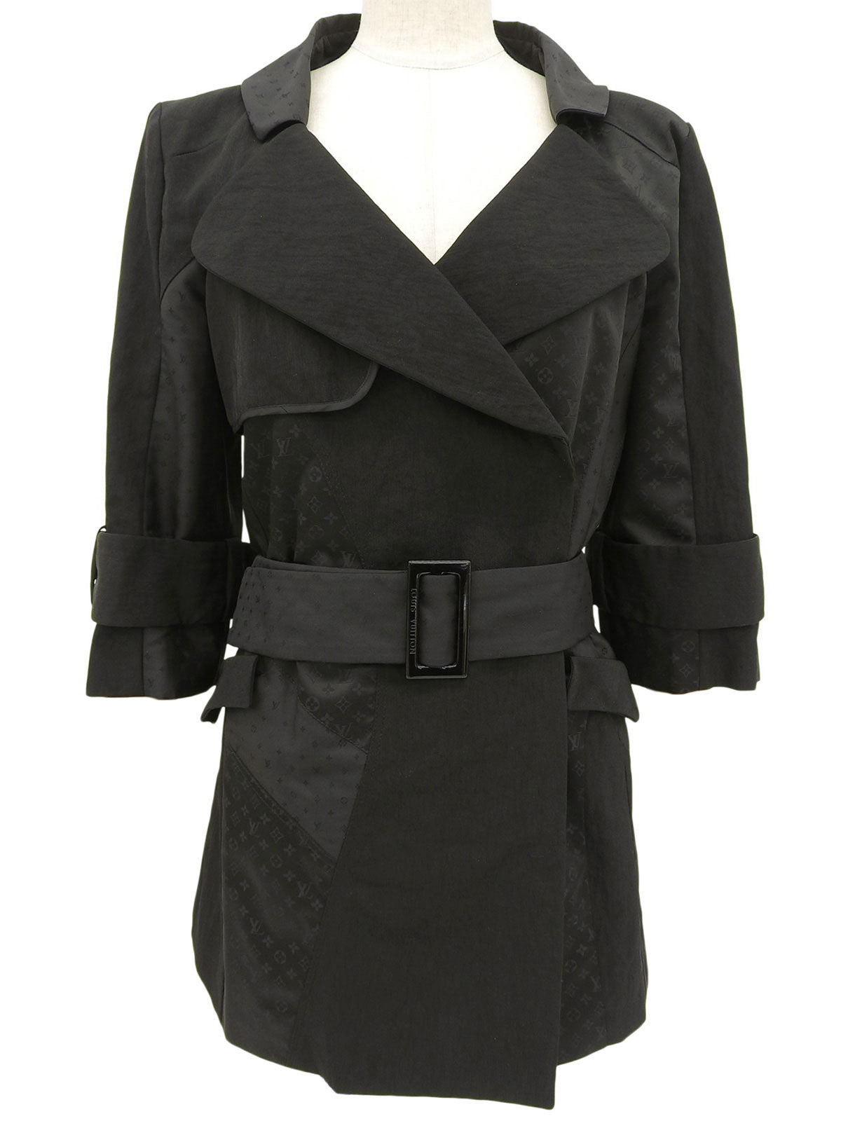 Nylon and silk combination monogram pattern double-breasted jacket in black