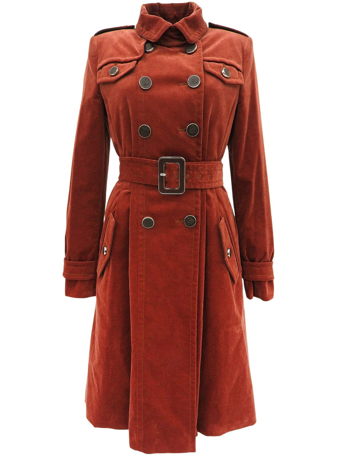 Velour Logo Button Long Coat in Brick