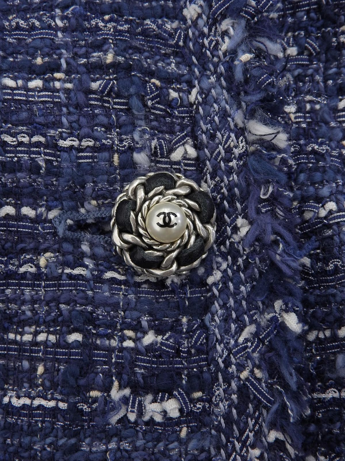 ツイードパールチェーンCCマークボタンジャケット ブルー/マルチ