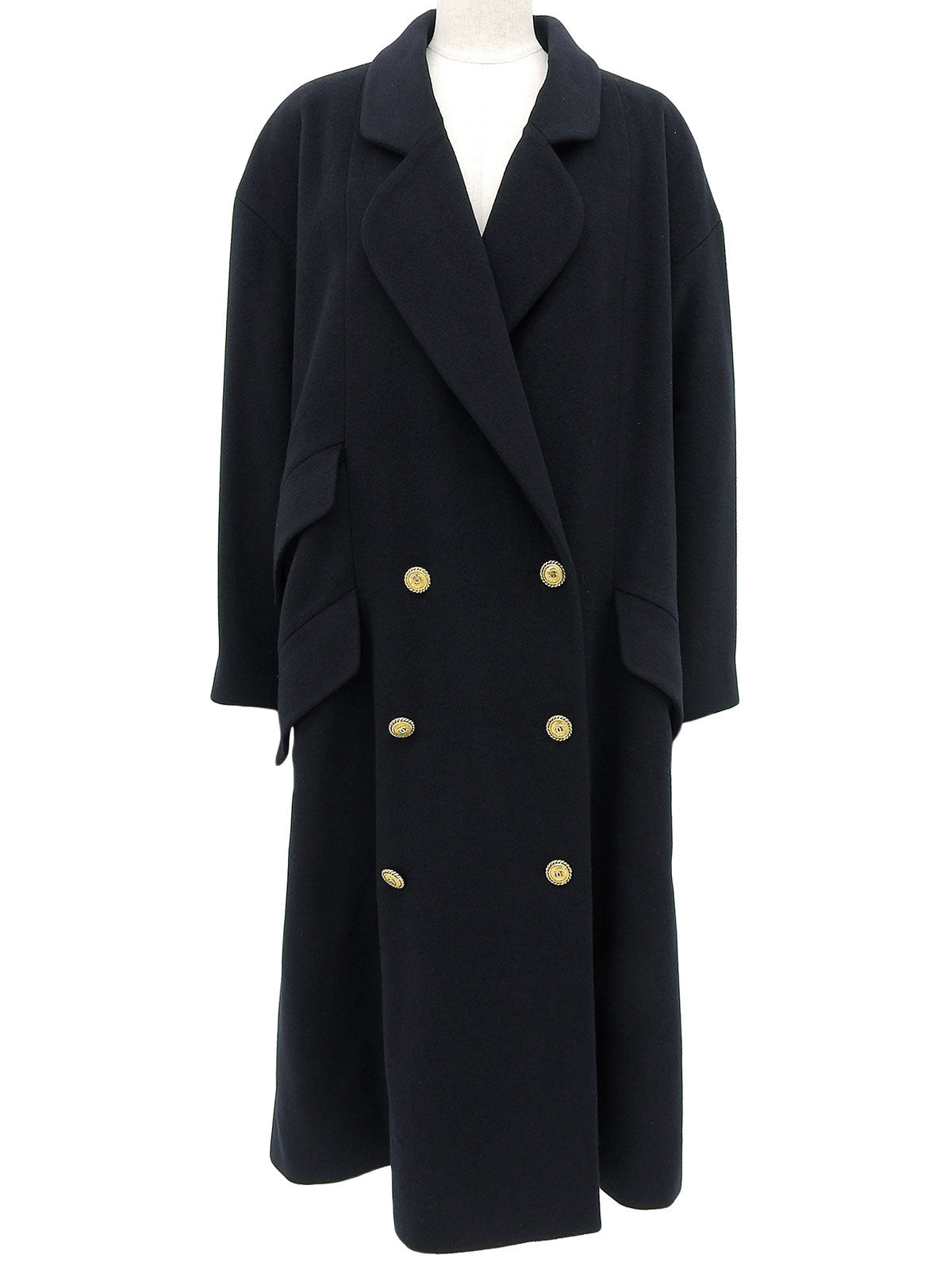 Navy Cashmere CC Mark Button Double-Breasted Long Coat