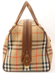 ノバチェックパターンロゴエンボスボストンバッグ　ブラウン/マルチ