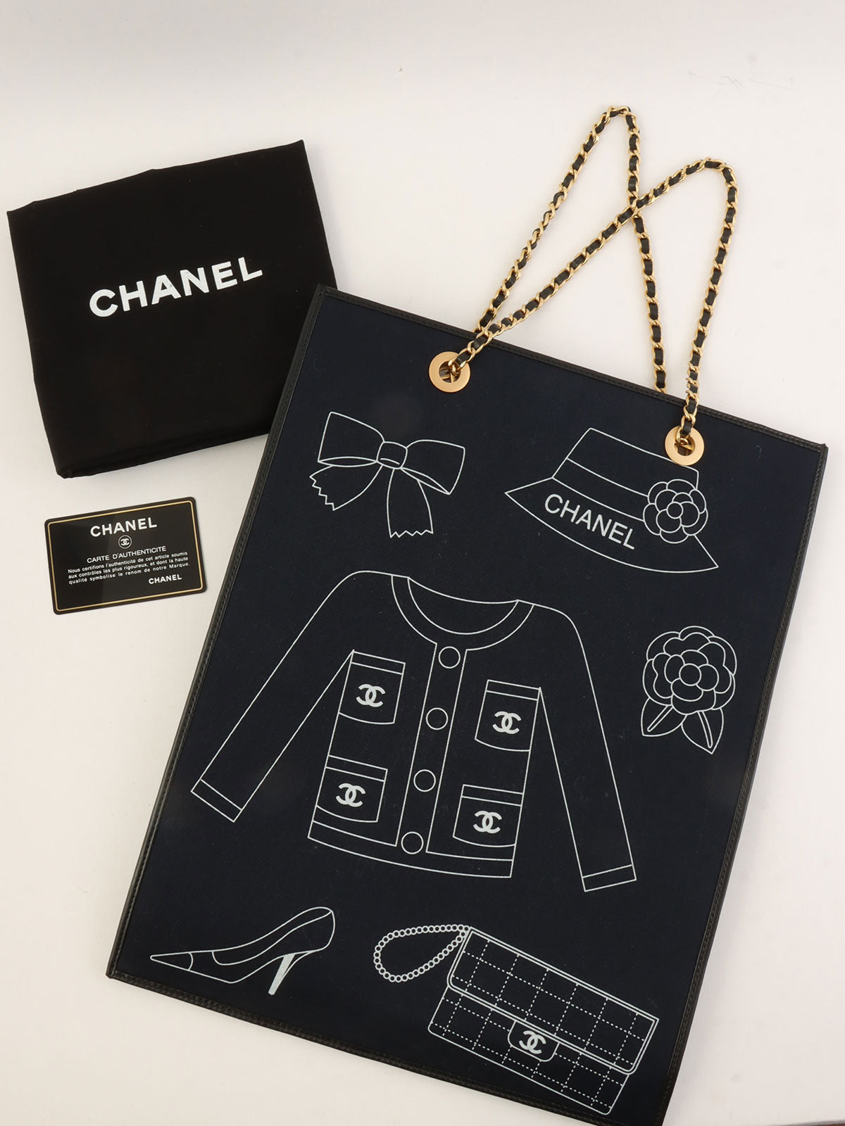 2001 Canvas Icon Pattern Chain Tote Bag, Navy