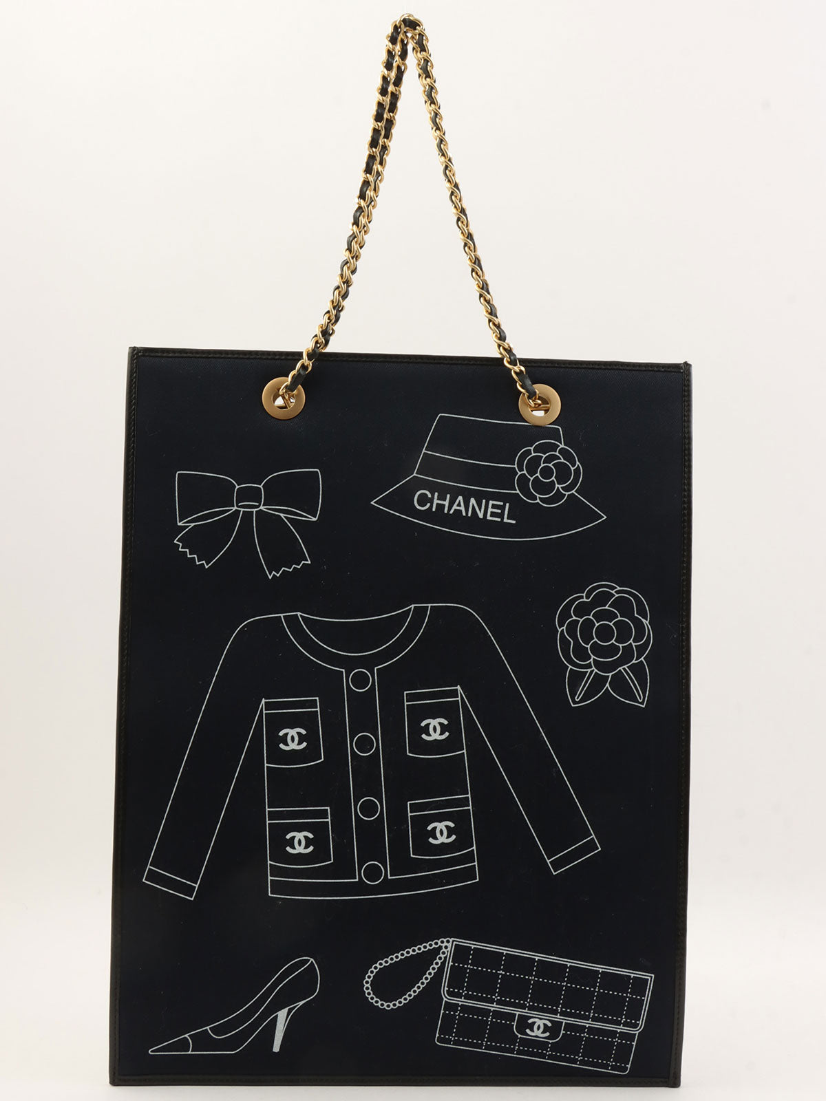 2001 Canvas Icon Pattern Chain Tote Bag, Navy