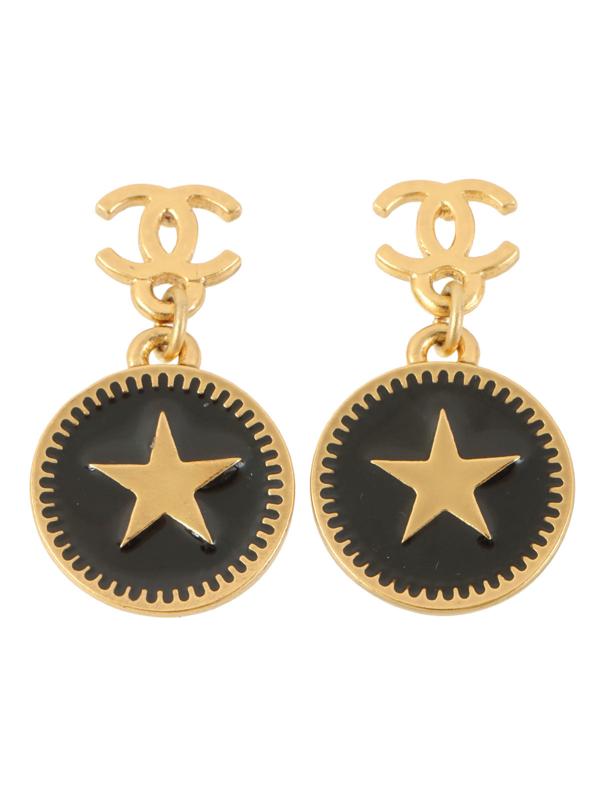 2001 CC Mark Round Star Swing Earrings Black/Gold