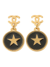 2001 CC Mark Round Star Swing Earrings Black/Gold
